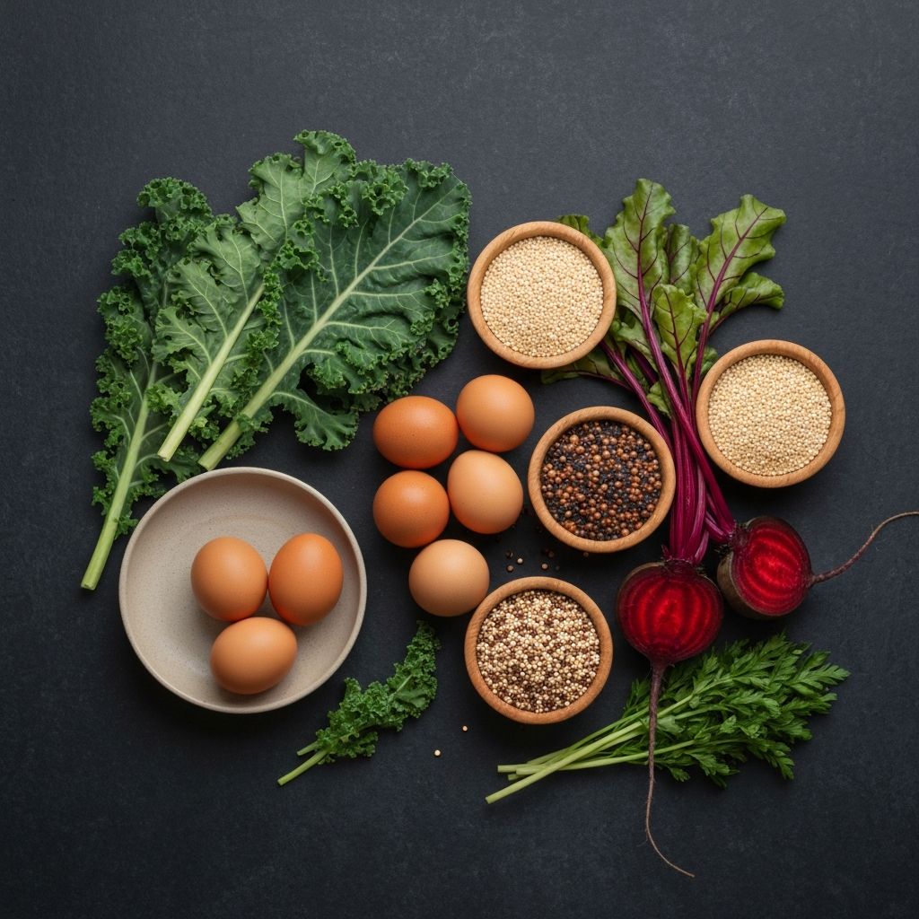 Various foods showing iron absorption factors including eggs, kale, and legumes